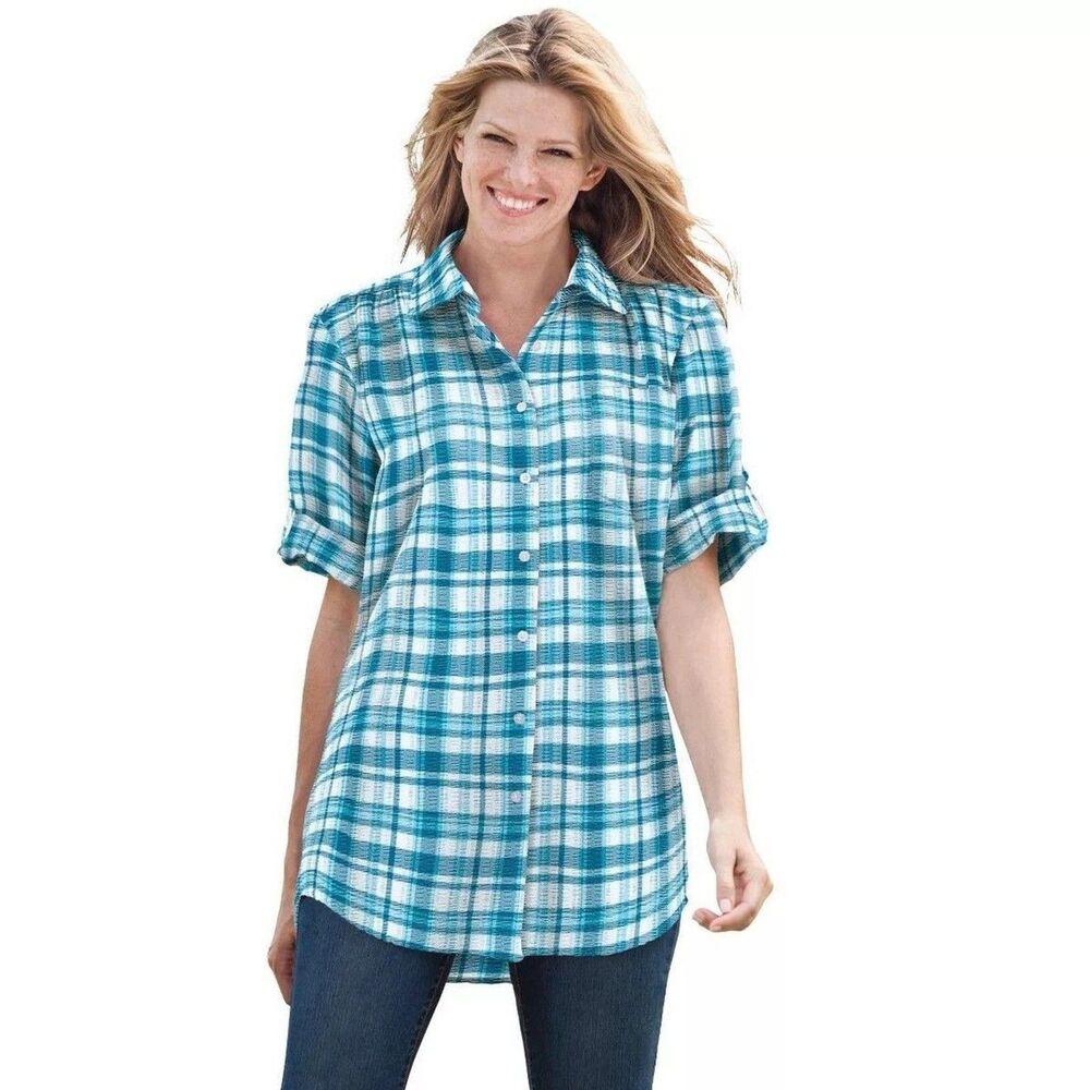 Woman Within Plus Size 1XL 22-24 Short-Sleeve Button Down Seersucker Shirt